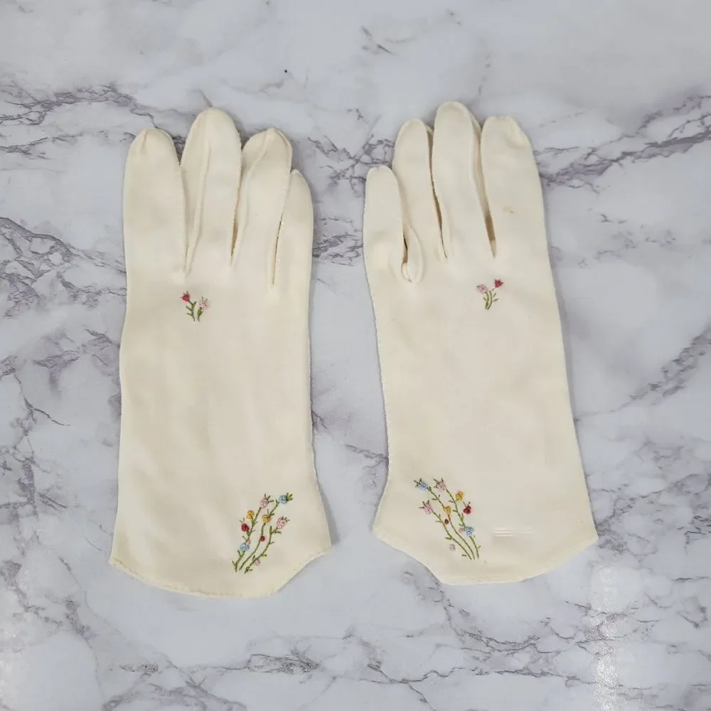 50s Vintage Cream Hand Floral Flower Embroidered Women's Dress Gloves